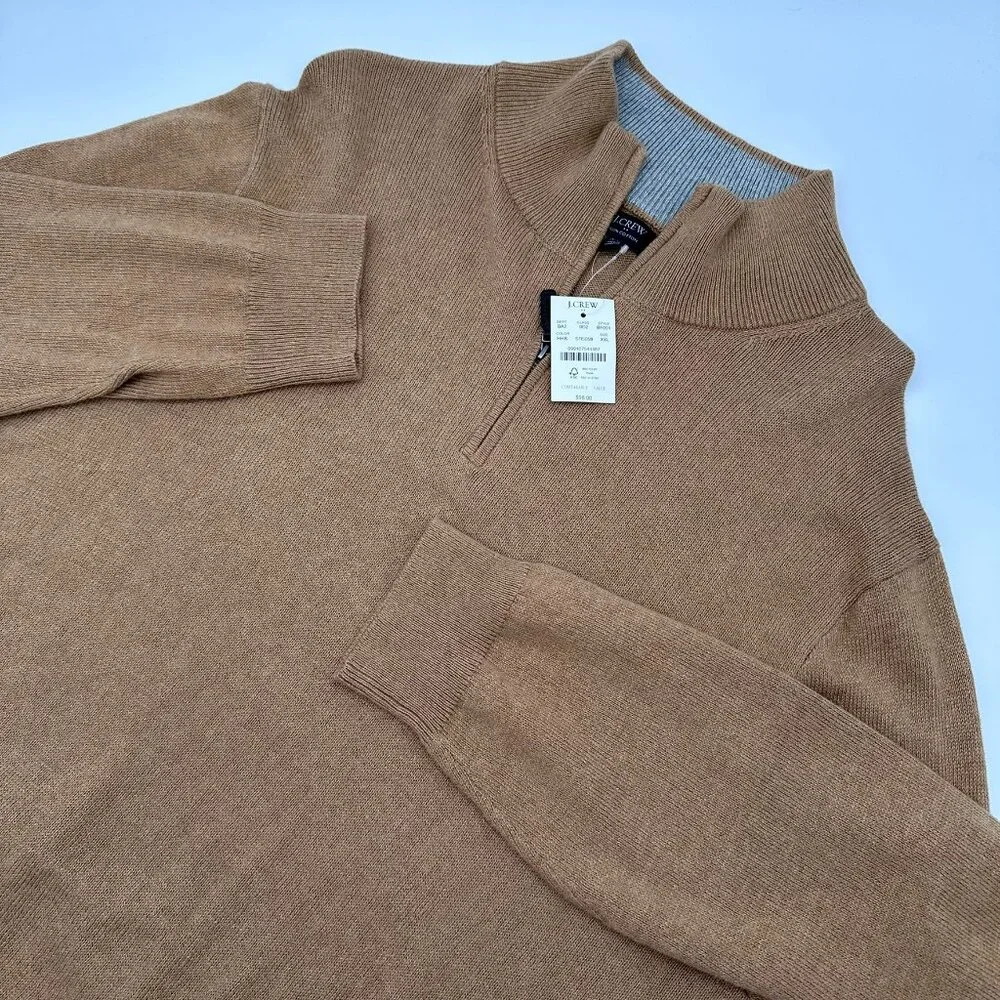 J. Crew Men's Cotton Half Zip Mock Neck Knit Pullover Sweater Top Size XXL Brown